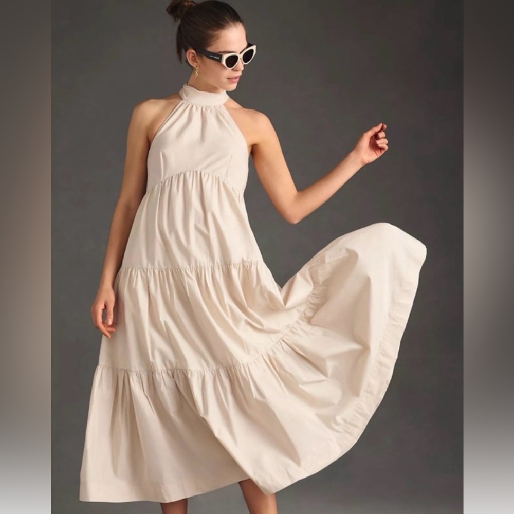 Anthropologie Cream Halter Tiered Midi Dress NwT